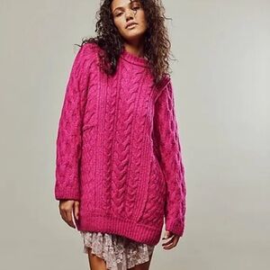 Free People Vibrant Pink Cable Knit Sweater